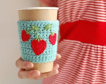 Coffee cozy,  Aqua  with Strawberries SPRINGPDX by The Cozy Project