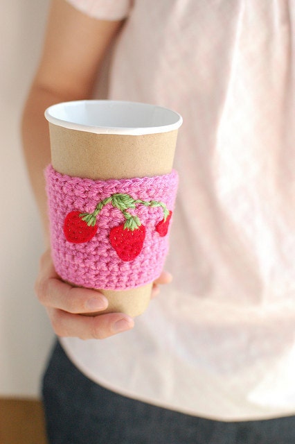 Coffee cup cozy  Pink with strawberries by The Cozy Project