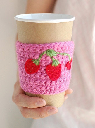 Coffee cup cozy  Pink with strawberries by The Cozy Project
