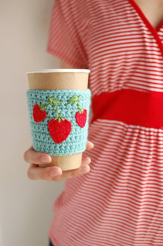 Coffee cozy,  Aqua  with Strawberries SPRINGPDX by The Cozy Project