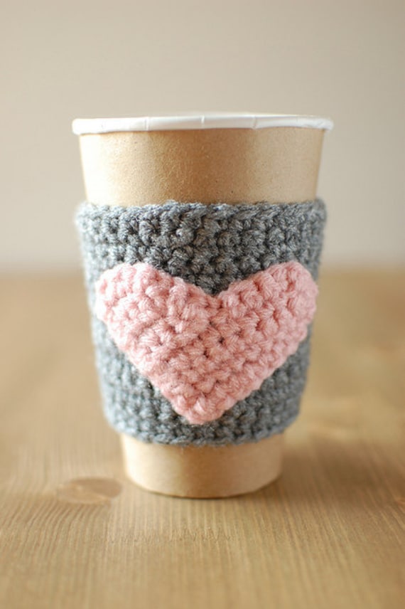 Cup cozy, Gray with Pink heart by The Cozy Project
