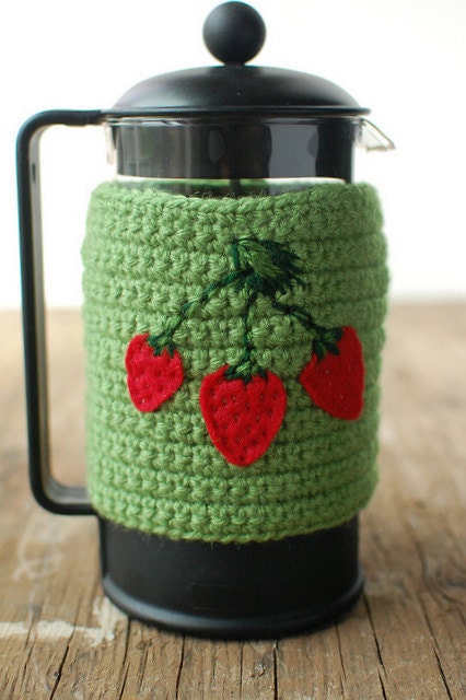 French Press cozy Green with strawberries.