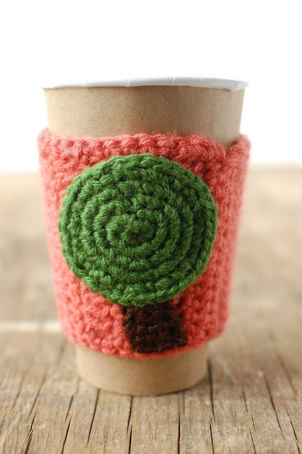 Coffee cup cozy, Orange with green tree by The Cozy Project