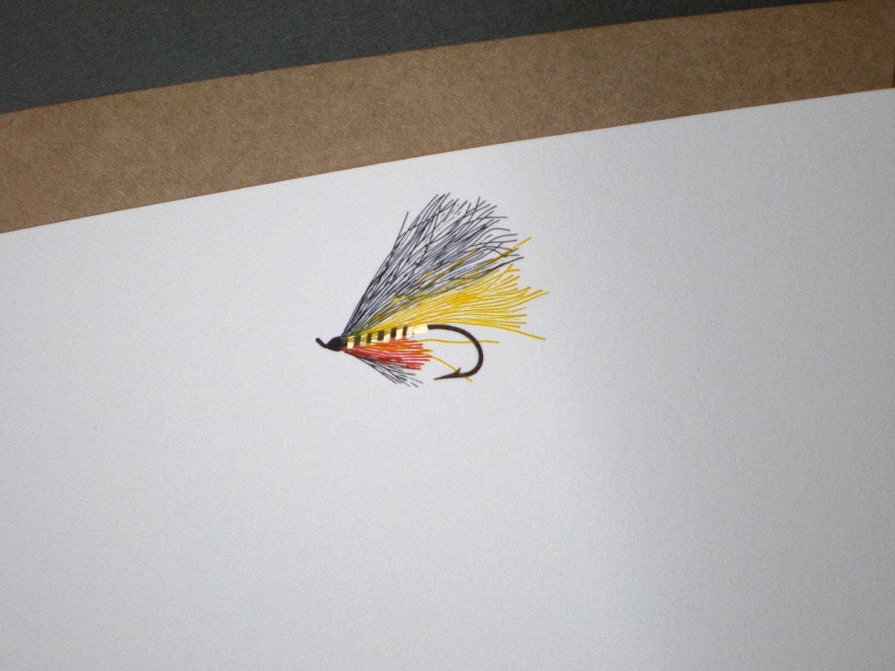 A6 engraved notecards with fly fishing motif, and kraft envelopes - PACK OF 6