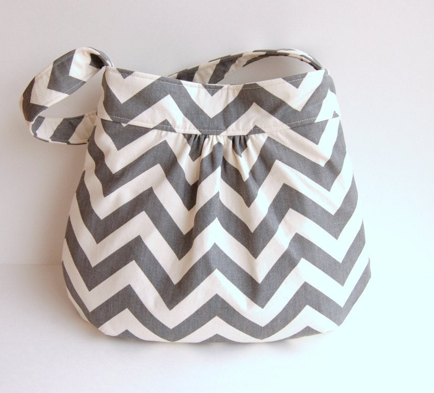 Custom Chevron Gathered Hobo Purse - Choose Your Lining Fabric - Charcoal Gray - MADE to ORDER - Crossbody Adjustable Strap Option