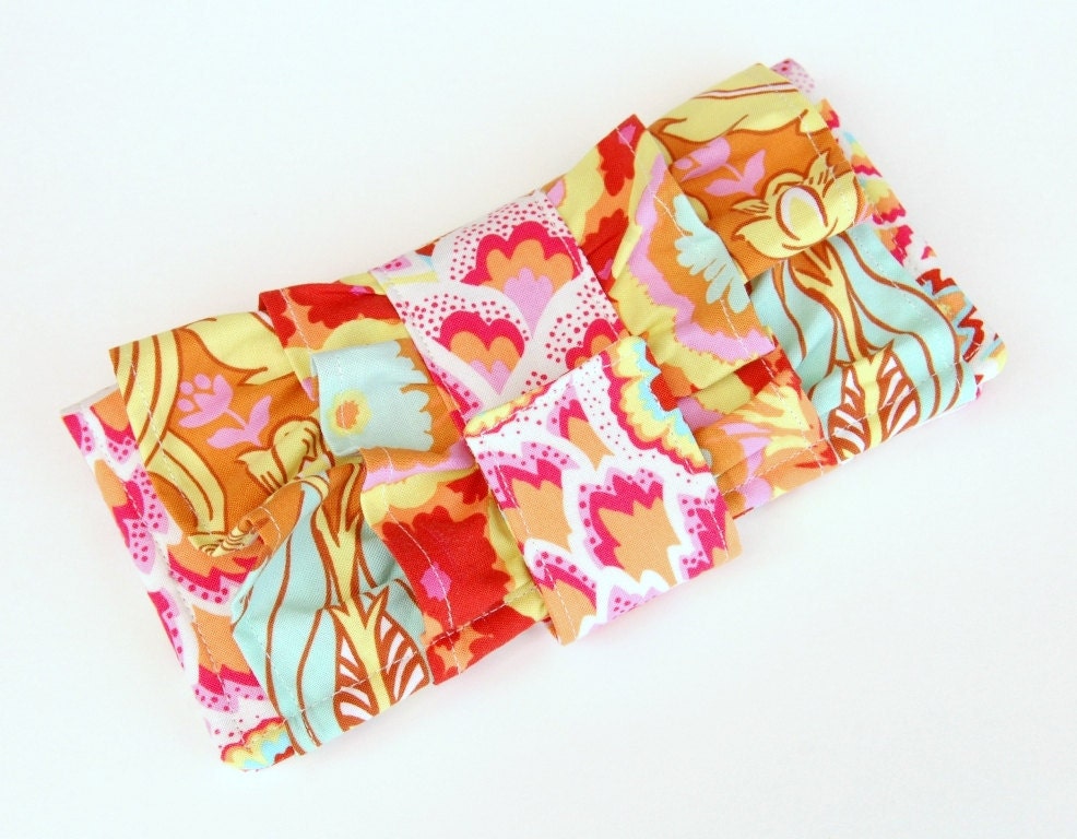 WOW Ruffle Wallet - Smart Phone Clutch - Amy Butler Soul Blossom Peacock Feathers - Wristlet Option - DISCOUNTED for Slight Imperfection