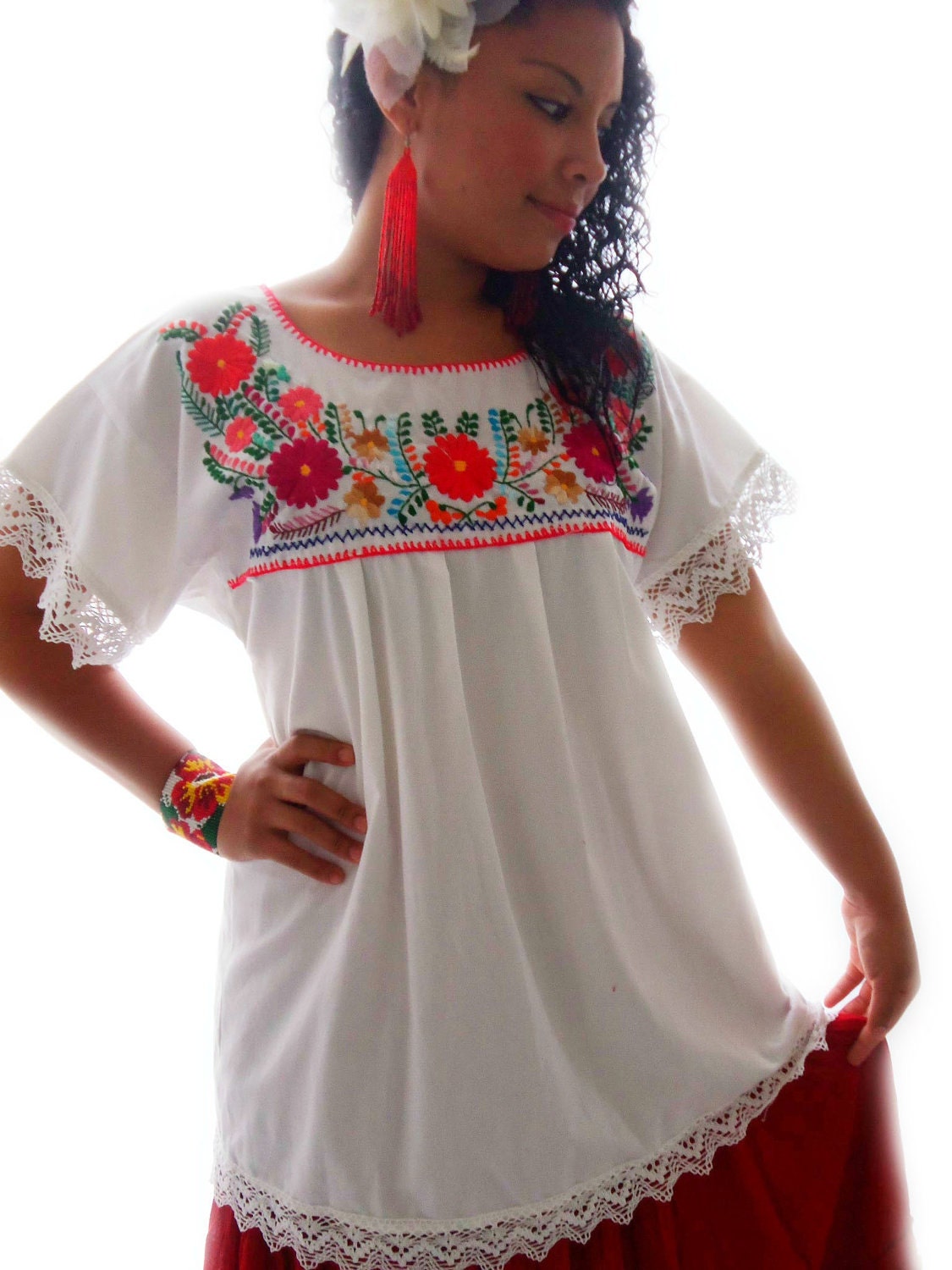 Flores de frida  bohemian  mexican embroidered blouse