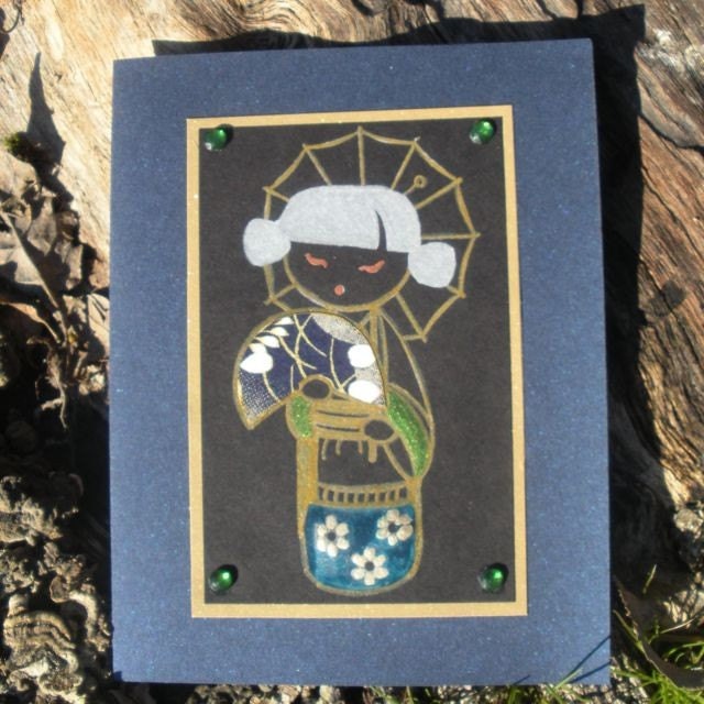 Asian Cartoon Character Card Blue Gold