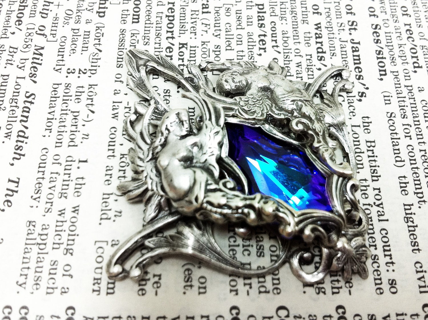 Venus (Silver/Purple) Aged silver plated brass filigree pendant Fantasy mythology inspired jewelry Vintage victorian steampunk gothic style