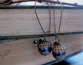 Acorn Earrings in Brass and Purple. The Oak King's Bride