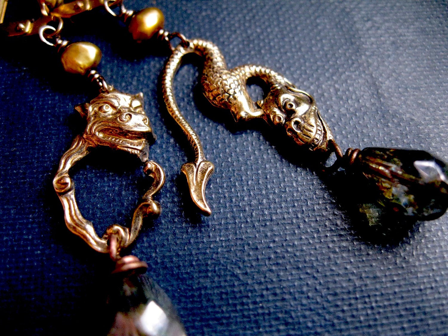 Steampunk Gargoyle Earrings, Brass and Freshwater Pearls. Gothic Oddity