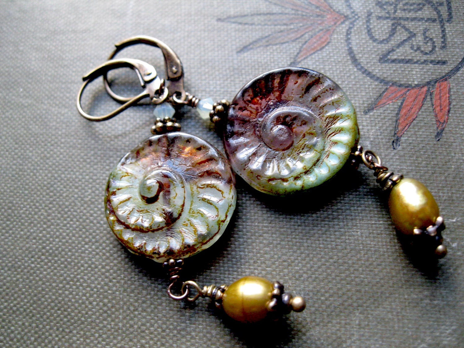 Ancient Spiral Fossil Earrings. Steampunk Glass Fossils and Freshwater Pearls