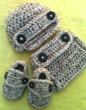 SALE DELUXE Newborn Set Photography Prop: Grey Marble Crocheted Newsboy Hat, Diaper Cover & Loafer Booties 0-3 3-6 6-12 mos shower gift