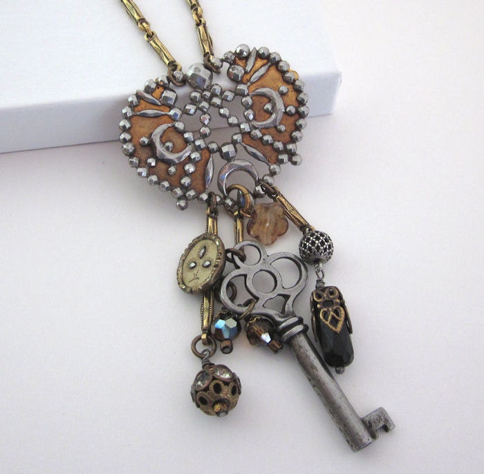 Vintage Assemblage Charm Necklace - Cut Steel, Skeleton Key, Button, Beads, Chain Mixed Metal Handmade OOAK Jewelry by JryenDesigns