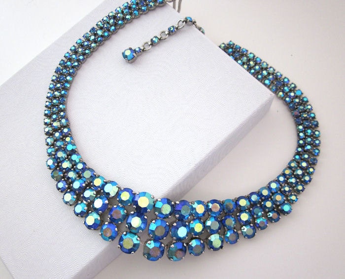 Stunning Weiss Vintage Blue Rhinestone Collar Statement Necklace - AB Glitz, Dramatic Fashion Jewelry - JryenDesigns