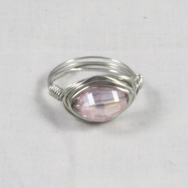 Pink Facetted Glass Oval Wrapped Ring