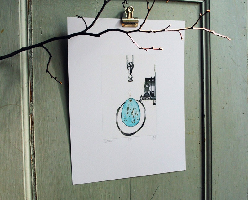 Egg Series no.8, Collage, limited edition Fine Art Print, Robins Egg & Industrial, Mechanical, Machinery, Steampunk - Free Shipping