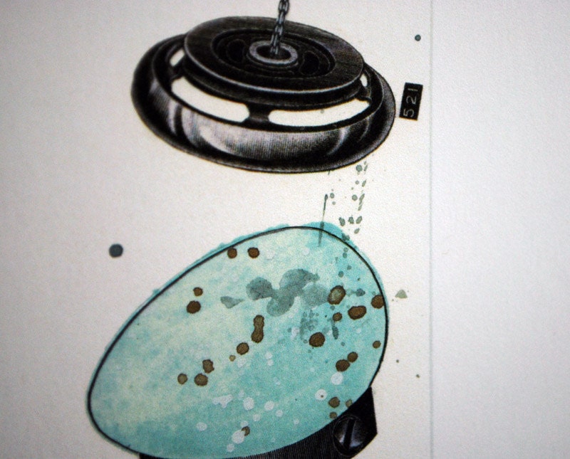 Egg Series no.12, Collage, limited edition Fine Art Print, Robins Egg & Industrial, Mechanical, Steampunk - Easter - Free Shipping