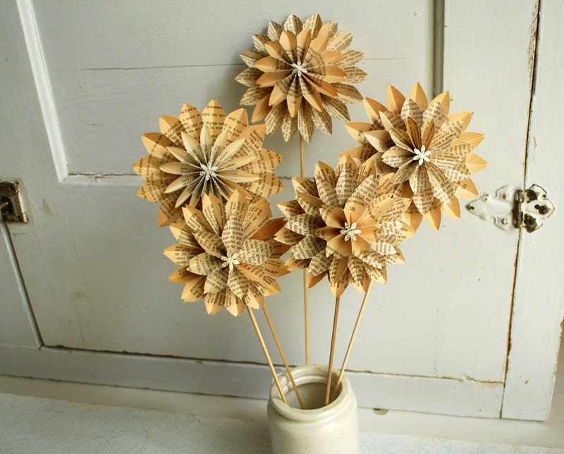 Paper Flowers, Recycled Books, Summer Birthday, Book Blossom, Book Pages, First Anniversary, Paper Dahlias, 5 Origami Flowers on a stems