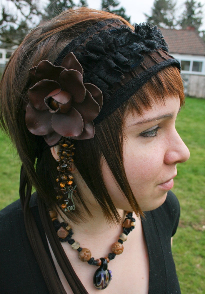 Roustabout - headband dread wrap handmade Steampunk bellydance gears flower
