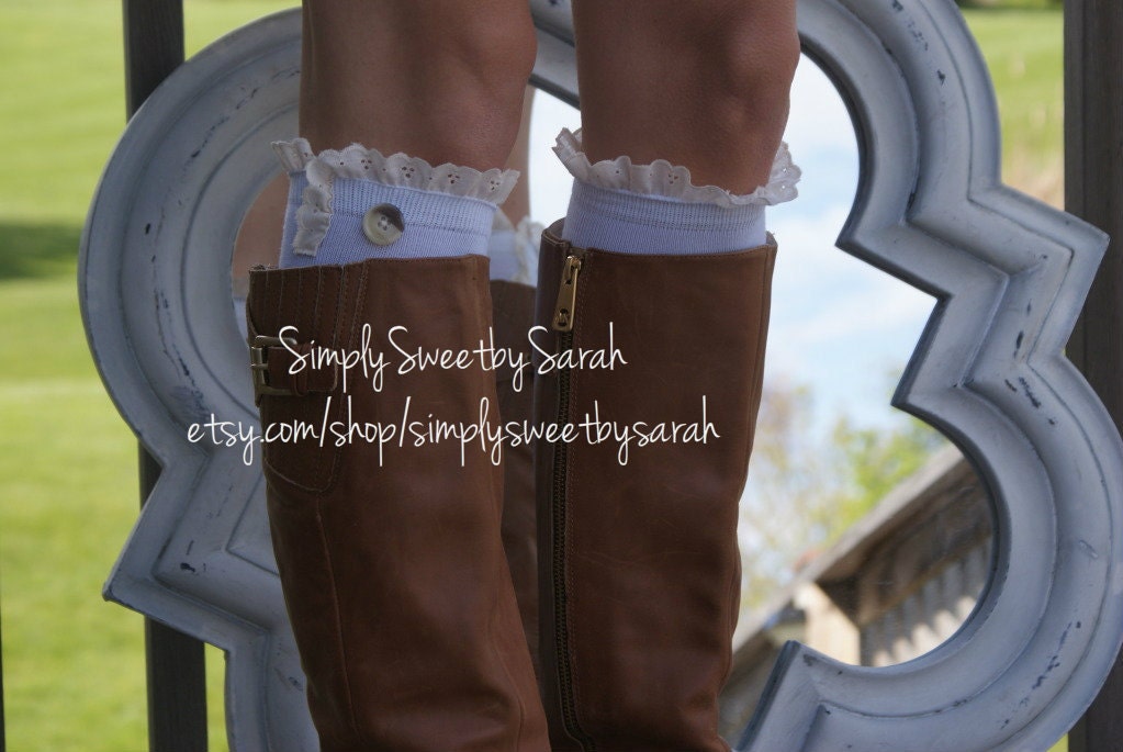 Spring White Boot Socks with lace knit trim and buttons - lace socks