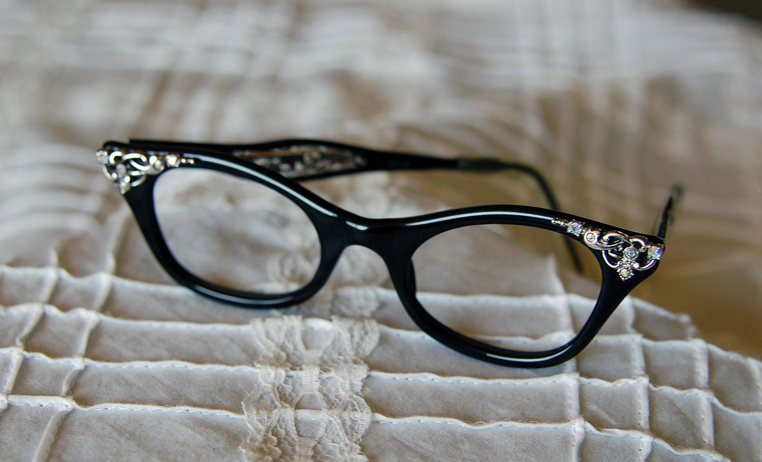 1950's Black and Silvertone Cat Eye Eyeglass Frames - Rhinestones