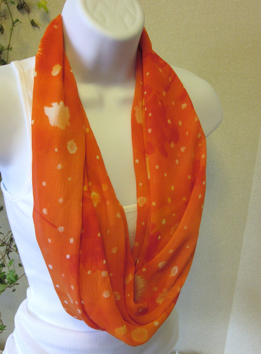 Bright Orange Infinity Scarf White Paint Splash Design Handmade Fashion by Thimbledoodle