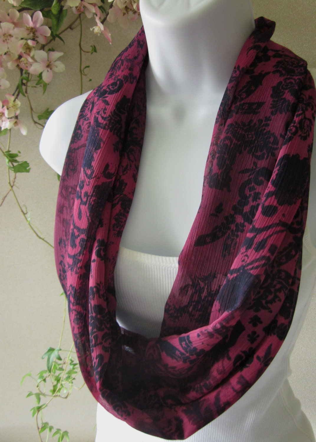 Infinity Scarf in Merlot Wine and Navy Floral Print Single Loop Scarf Handmade Fashion by Thimbledoodle