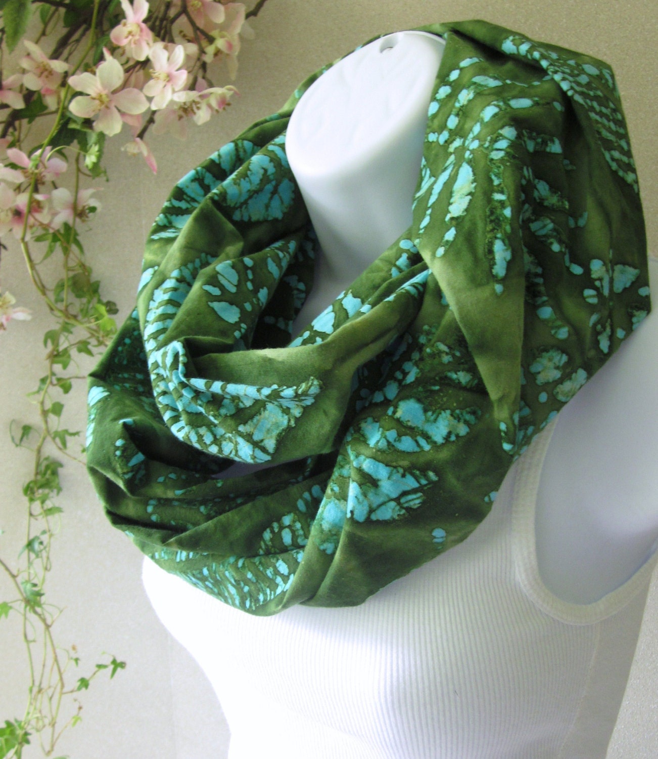 Summer Fashion Infinity Scarf Cotton Batik Olive Green, Sage and Turquoise Jungle Leaves Design Double Loop Scarf Handmade by Thimbledoodle