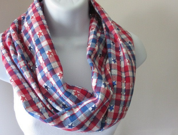 Infinity Scarf Red White and Blue Check Plaid With Metallic Stars Patriotic Americana 4th of July Handmade by Thimbledoodle