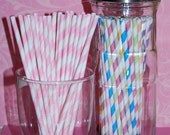 25 Pink and white  barber striped paper drinking  straws -  with FREE Blank Paper Flags.  See also - "Personalized" flags option.
