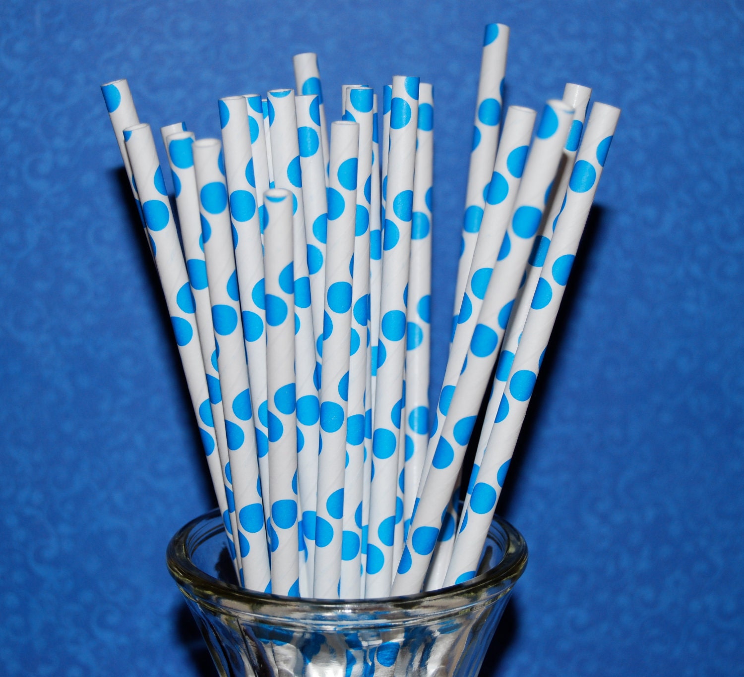 100 blue polka dot paper drinking straws -  with FREE Blank Paper Flags.  See also - "Personalized" flags option.