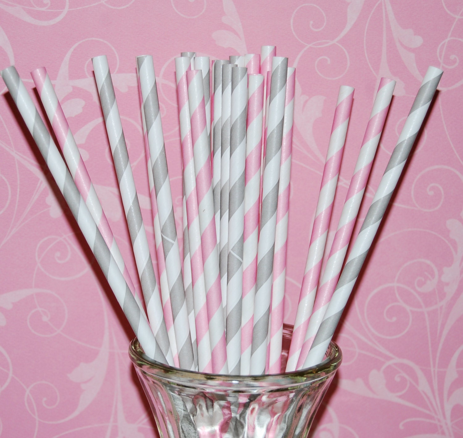 100 pink & grey mixed combo barber striped paper drinking straws , FREE DIY Flags.  See also - "Personalized" flags option.