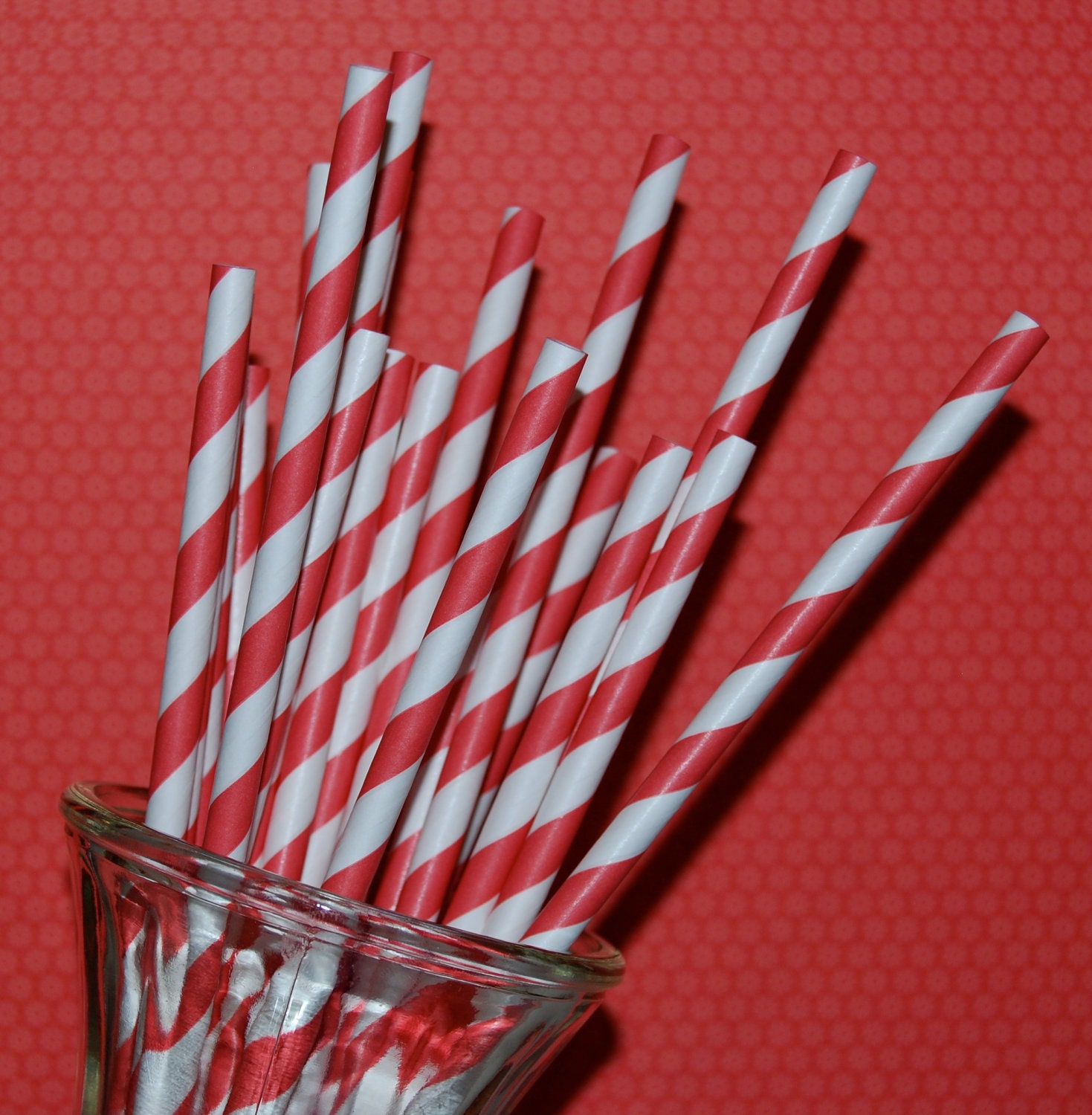 50 red and white stripe paper drinking straws -  with FREE Blank Paper Flags.  See also - "Personalized" flags option.