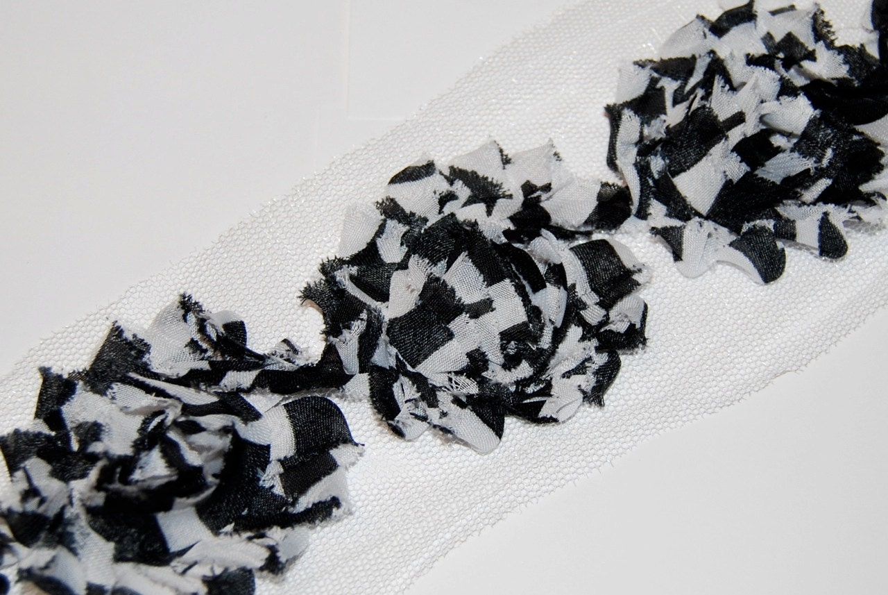Shabby Chic Frayed Vintage look Chiffon Rosette Flowers - BLACK ZEBRA  Rose Trim - 1/2 yard length with - approx. 7-8 flowers