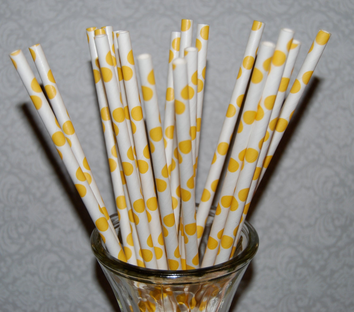 25 Yellow Polka Dot  paper drinking straws -  with FREE Blank Paper Flags.  See also - "Personalized" flags option.