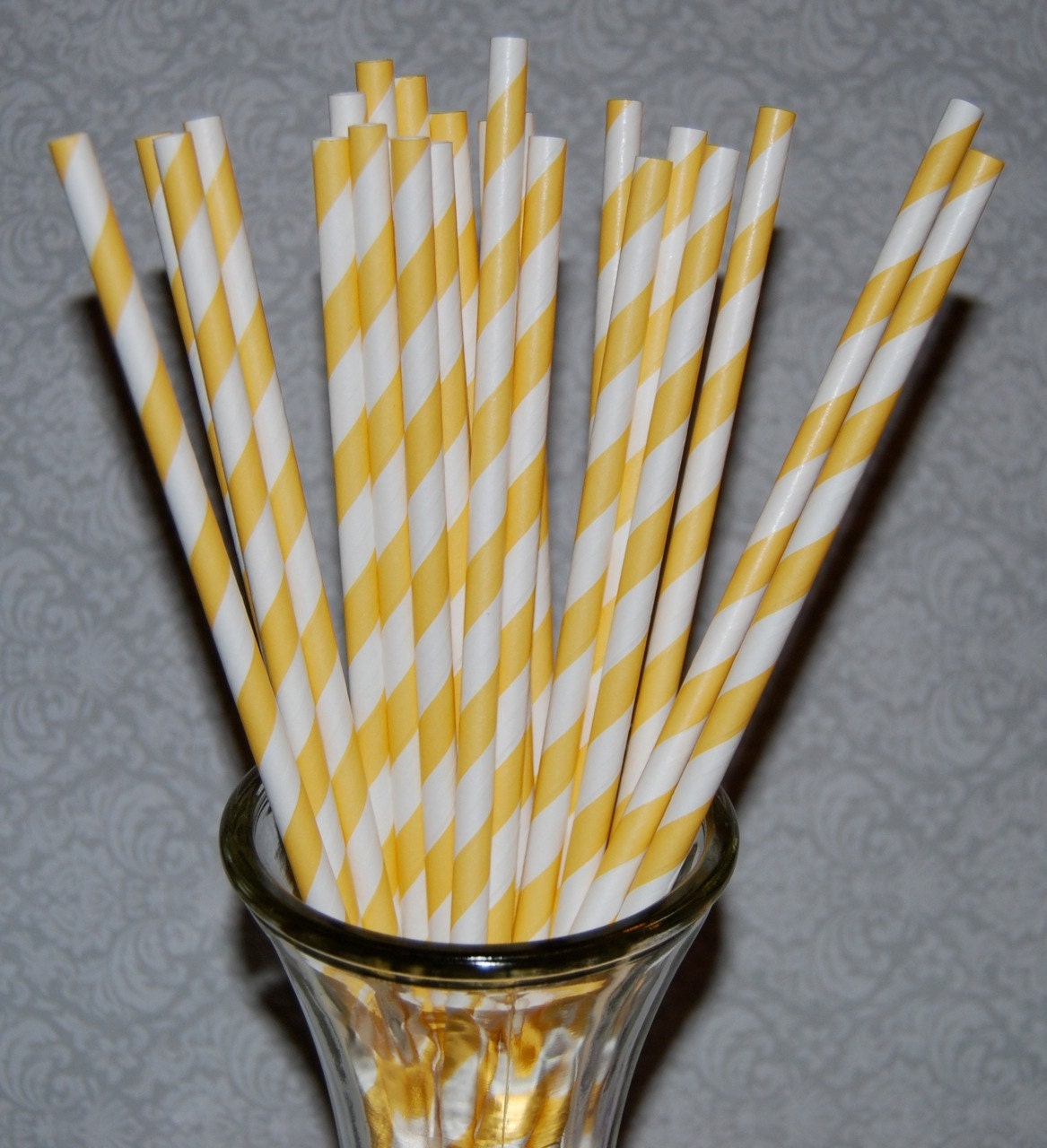 paper straws - 100 Yellow striped paper straws drinking straws -  with FREE Blank Paper Flags.  See also - "Personalized" flags option.