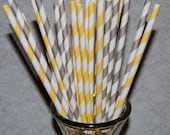 200 Grey and yellow mixed combo barber striped paper drinking straws - with FREE Blank Paper Flags.  See also - "Personalized" flags option.