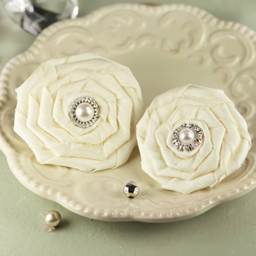 Fabric flowers Coiled Pearls Emily 552442 Cream Ivory Satin fabric layered flower with vintage jewelry insired center
