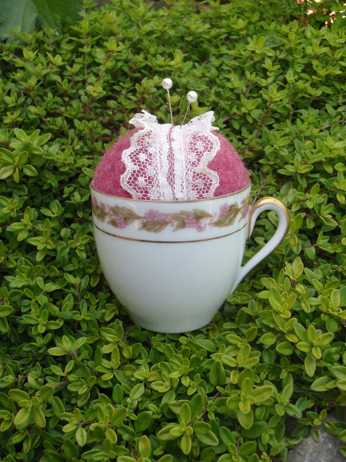 Tea Party Pin Cushion - Vintage Teacup with Lace Wrapped Wool - Pink Ruffles