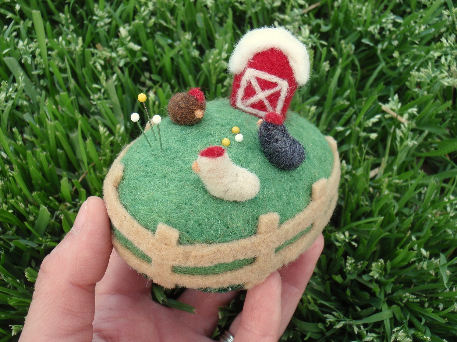 Three Little Hens Pin Cushion - Needle Felted Wool Sculpture - MADE TO ORDER