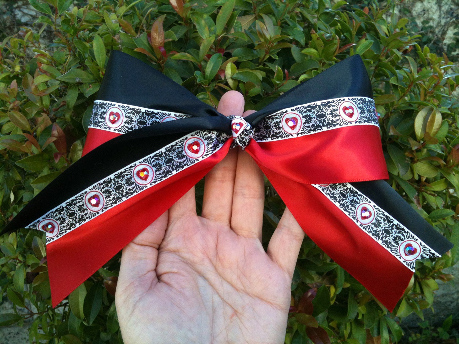 Red, Black & Hearts Valentine Cheer Bow Bun Cover and Ponytail Cover with Red irridescent Swarovski Rhinestones by Dncemom Designs