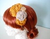 Marigold and Brown Fabric Headband with Wool and Wood Accent