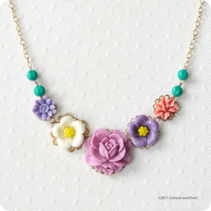 Purple, Turquoise, Flower Cabochon Necklace, GF