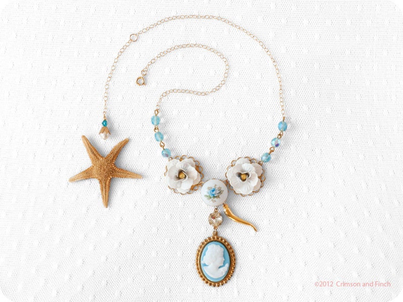 Baby blue gold cameo charm necklace " Sea Holly" gold filled