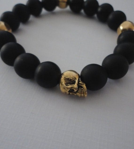 Black Onyx Double Skull Bracelet for Men with Brass Accents