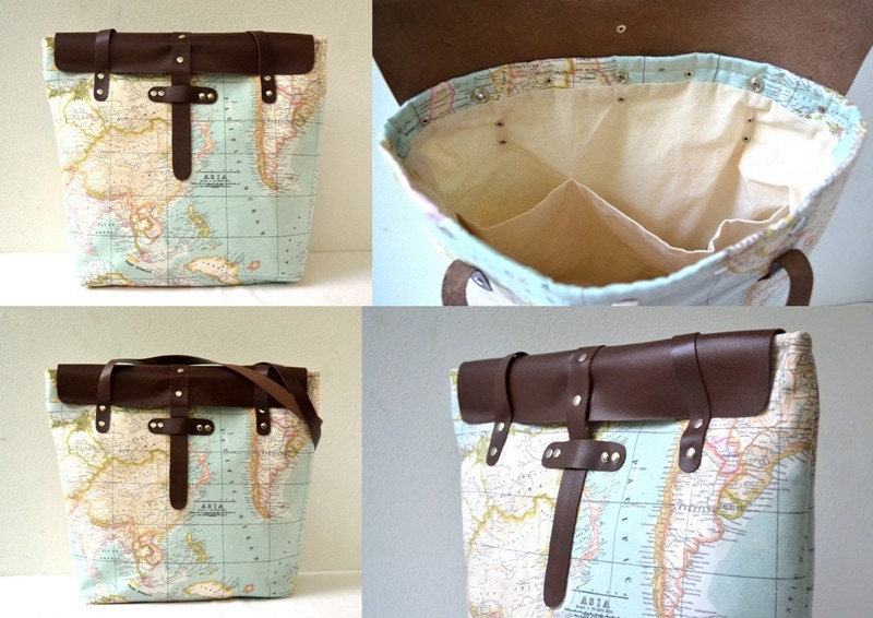World Map Printed Fabric and Leather Tote Bag, Travel Bag, Beach Bag, Shoulder Bag, Large Tote, Diaper Bag, School-Magazine-Book Tote