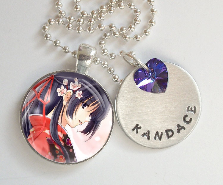 Anime Geisha Personalized Hand Stamped Necklace Swarovski Crystal Heart  r11