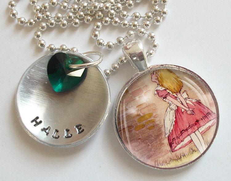 Alice In Wonderland Personalized Hand Stamped Necklace Swarovski Crystal Heart  r16