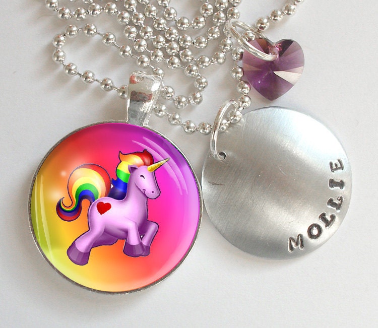 Rainbow Unicorn  Personalized Hand Stamped Necklace Swarovski Crystal Heart  r1
